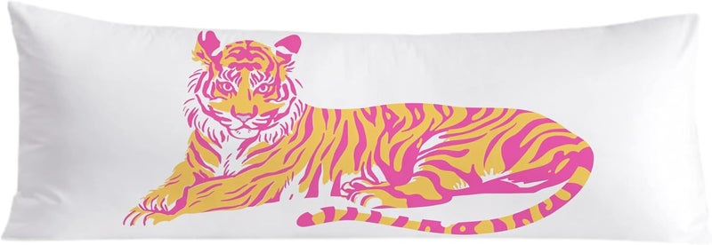 Exqcom Store Trendy Pink and Orange Tiger Body Pillow Covers 20x54, Coquette Room Decor, Funky Preppy Tiger Long Body Pillow Case Cover with Hidden Zipper for Women Adults Girls - Image 1